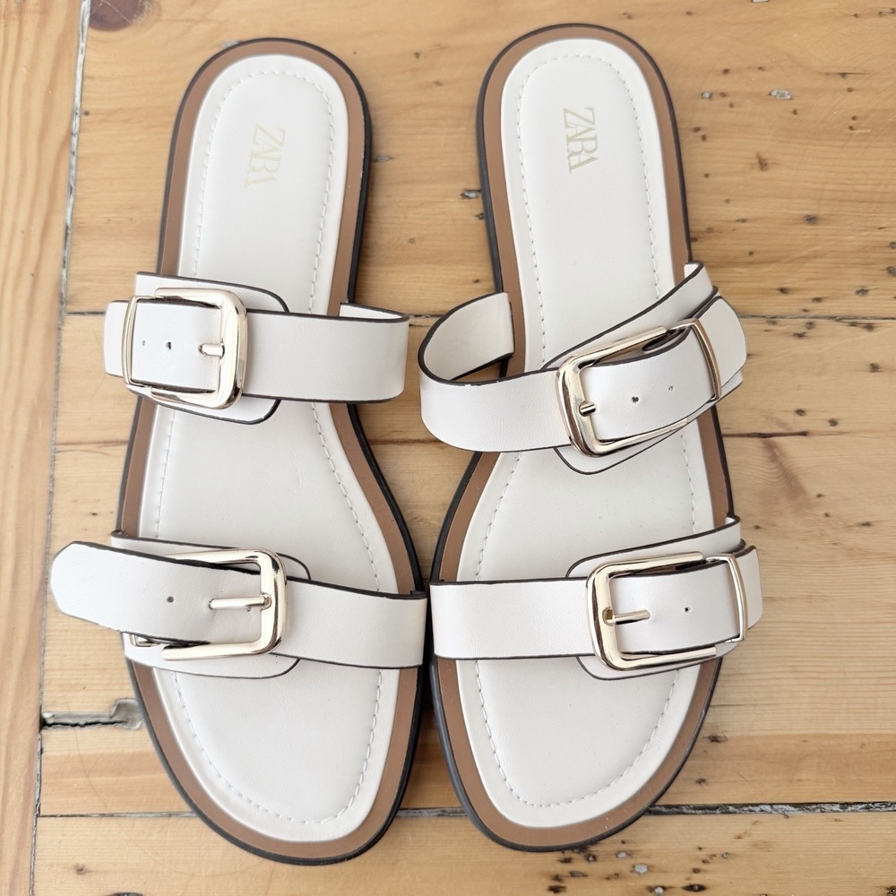 Zara Double Buckle Slide Sandals Womens 39 Cream Gold Minimalist Quiet Luxury - Picture 4 of 6